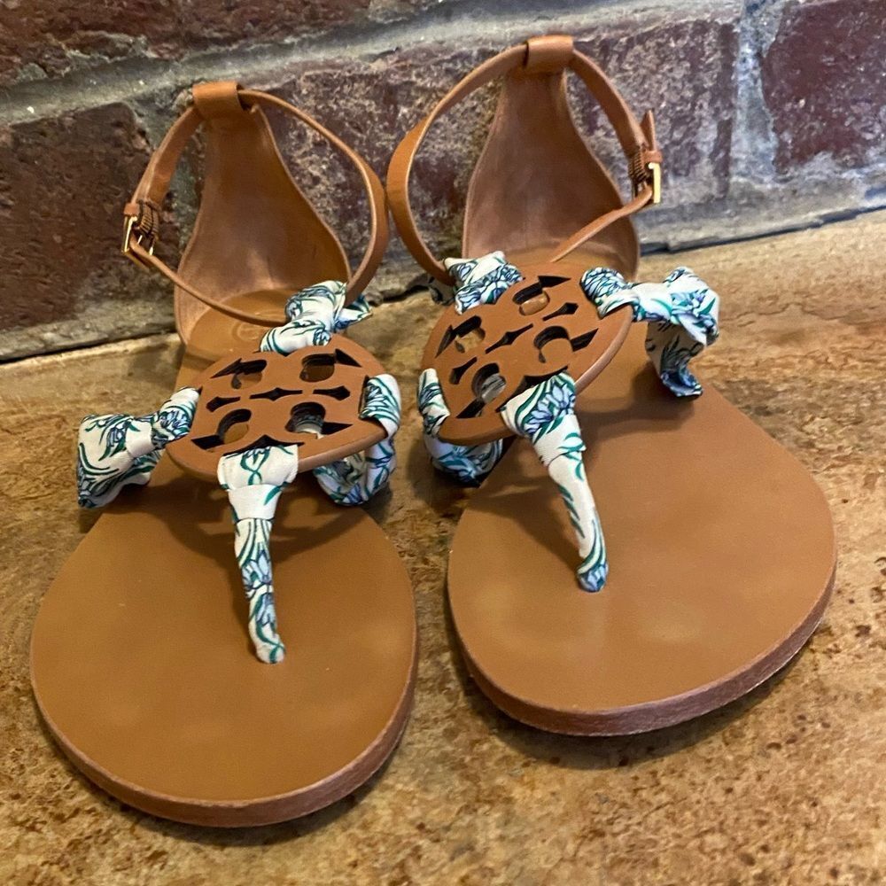 Tory burch leather logo blue Meridian floral fabric miller scarf ankle sandals - Picture 3 of 11